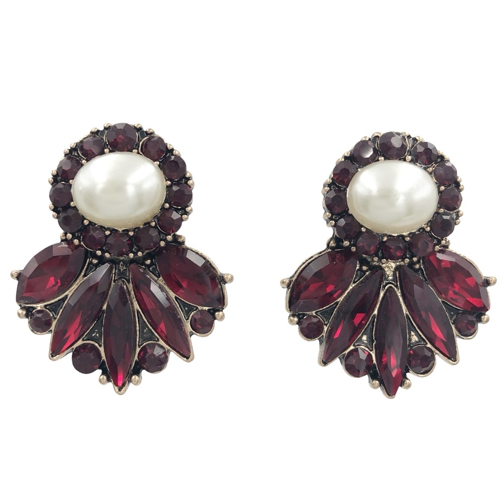 Red Rhinestone & Pearl Large Statement Formal Stud Earrings